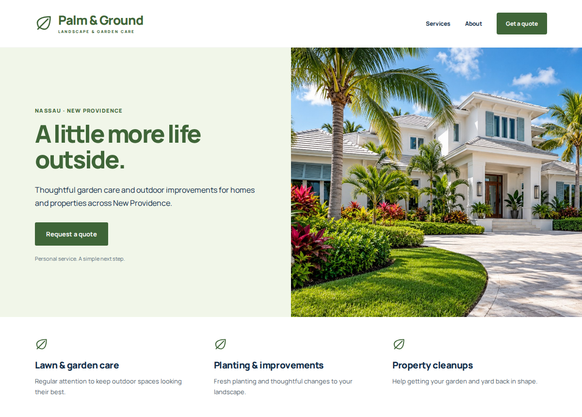 Palm & Ground sample website design for landscaping